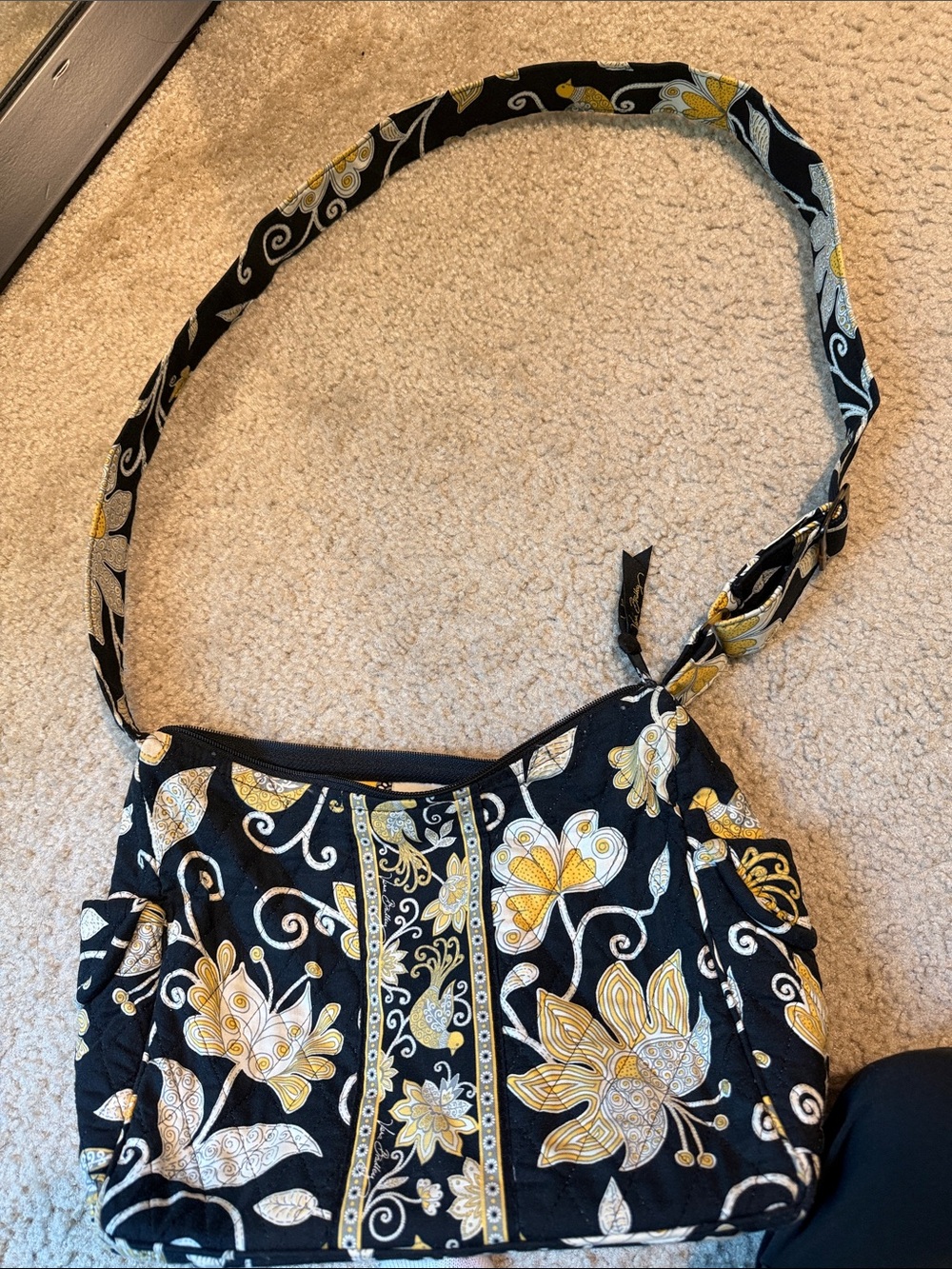 Vera Bradley Black Quilted Shoulder Bag with Yellow and White Floral Print